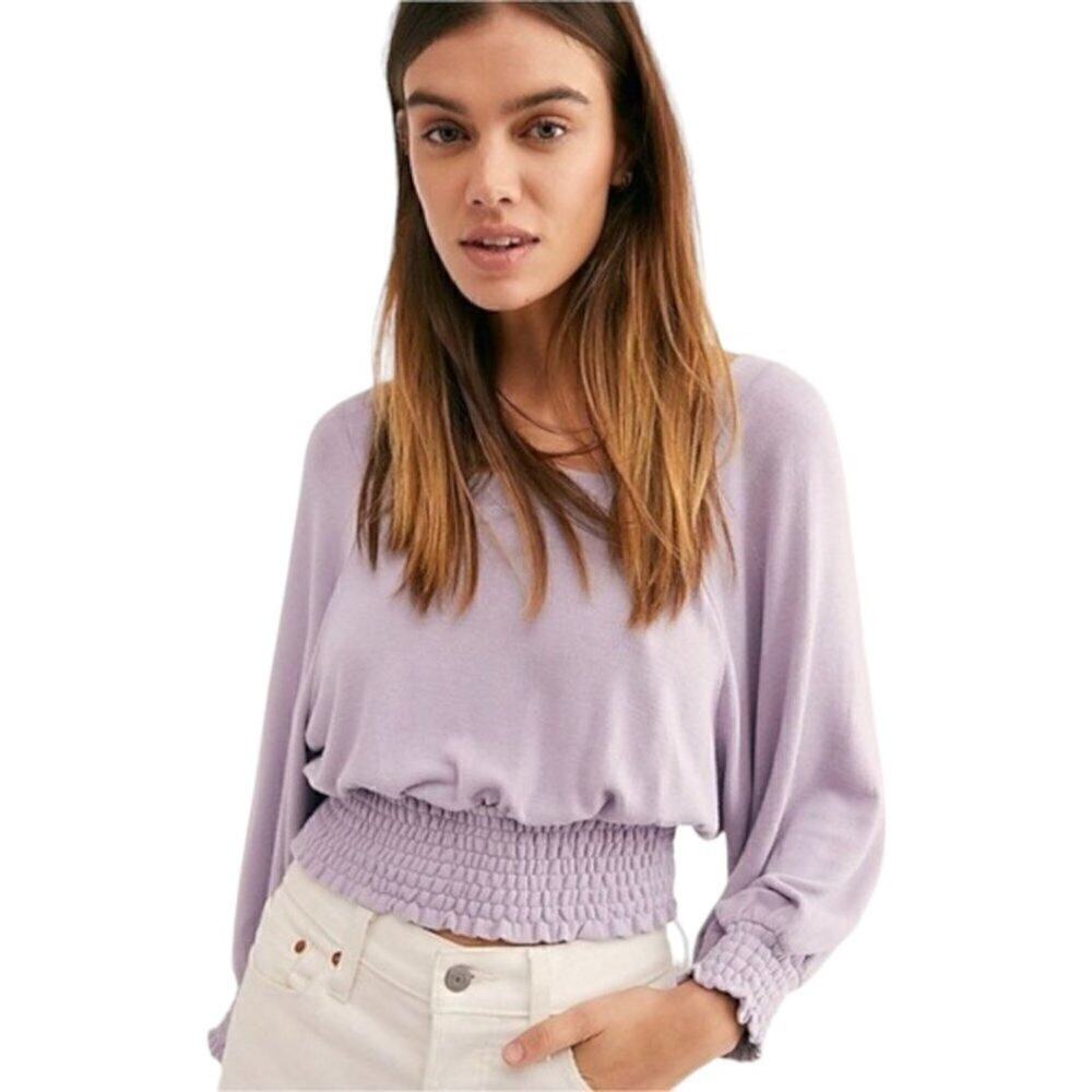 Free People Lavender Square Neck Soft Knit Smocked Cropped Golden Tee Size XS